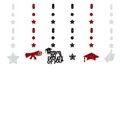 Macro view of graduation banners with glitter stars and Proud of You hanging decorations - Glitter Black and Red and Silver