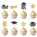 8-teiliges Abschluss-Cupcake-Topper-Set in Schwarz und Gold-Glitzer mit 2025 Motiven - Absolventenhut, Diplom, Stern, Segen / Schwarz & Gold