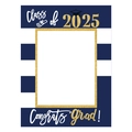 Close-up of Class of 2025 graduation photo booth frame with gold glitter lettering - Blue Photo Frame