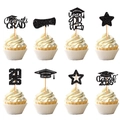 8-teiliges Set Abschluss-Cupcake-Topper mit schwarzem Glitzer und Class of 2025 Schrift - Absolventenhut, Diplom, Stern, Segen / Schwarz