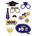 Set di 10 oggetti di scena per foto di laurea con disegni in cartoncino blu e oro glitter - Oggetti di Scena per Foto di Laurea Blu