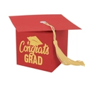 Red graduation cap gift box with gold tassel and Congrats Grad text for party favors - Red
