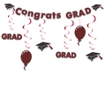 Detail der Congrats GRAD Banner mit burgunderroten Spiralen und Doktorthut-Anhängern - Burgunderfarbenes Abschluss-Set