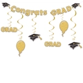 Nahaufnahme von Congrats GRAD Banner und schwarz-goldenen Spiralen für die Abschlussfeier - Goldenes Abschluss-Set