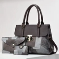 Set da tre pezzi di borse in pelle patchwork grigio e nero con chiusure in metallo dorato - Patchwork Grigio e Marrone Nerastro (Stile 1)
