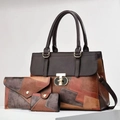 Set di 3 borse a mano retrò in pelle PU multicolore con borsa shopper, portafoglio e astuccio - Patchwork Marrone Caramello Grigio Marrone Rosso (Stile 2)