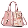 Pink leather handbag with floral patchwork panel and gold hardware details - 31x14x22cm / Pink