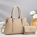 Beige knitted tote bag set with matching pouch and faux leather handles on minimalist background - Khaki