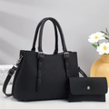 Elegant black tote bag set with textured finish and adjustable shoulder strap for women - Black
