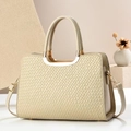 Elegante cremefarbene Handtasche für Damen mit Webmuster, Golddetails und Schultergurt - Khaki