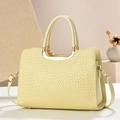 Chic woven texture pale yellow shoulder bag with gold metal handle and long strap - Macaron Rice Yellow