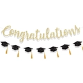 Striscione dorato Congratulations e ghirlande con cappelli di laurea neri e nappe - Stagione Delle Lauree Cappello Da Laurea Bandiera Rotonda