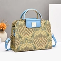 Sac à main jacquard à motif vagues avec garniture en cuir bleu et poignée dorée chic - Jaune