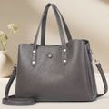 Classic dark grey litchi grain leather tote bag with silver rivets and dual handles - Dark Gray