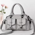 Gray lychee textured Boston bag with dual front pockets and wide woven shoulder strap - Gray
