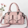 Soft pink lychee texture Boston handbag with dual flap pockets and woven shoulder strap - Pink