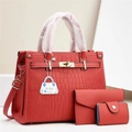 Three-piece red crocodile pattern tote bag set with golden metal twist lock and shoulder strap - Crocodile Embossed Red