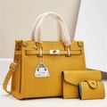 Three-piece yellow crocodile embossed bag set with shoulder strap and metal twist lock - Crocodile Pattern Ginger Yellow