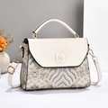 Chinese style embroidered square handbag with landscape pattern and golden bird clasp - 22.5x10x17cm / Off White