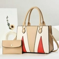 Detail view of the contrast color tote bag and small purse set with premium pebble texture - Khaki