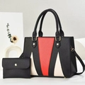 Chic tricolor patchwork tote bag and pouch set with pebble leather and gold hardware - Black