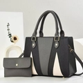 Three-color patchwork tote bag set with pebble leather and golden metal hardware - Two-Piece Set / Gray