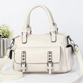 Chic off-white leather Boston bag with litchi grain and wide shoulder strap - White