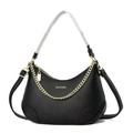 Chic black litchi pattern underarm bag with gold chain and white fashion text logo - Black