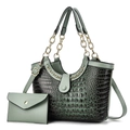Detail of green crocodile texture handbag set with gold chain handles and envelope wallet - Green