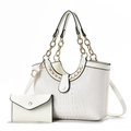 Macro shot of white crocodile embossed texture on a chic handbag with chain detail - Off White