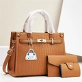 Three-piece set of brown crocodile pattern tote bag, wallet and card holder with gold hardware - Crocodile Embossed Tan