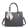 Minimalist dark gray satchel with lychee texture and decorative silk scarf detail - Gray