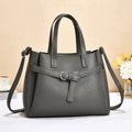 Elegant dark grey pebble leather tote bag with top handles and adjustable shoulder strap - Medium / Gray