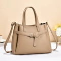 Detail of khaki lychee grain leather tote with silver buckle strap and shoulder strap - Medium / Khaki