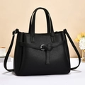 Classic black lychee pattern handbag with silver round buckle and shoulder strap - Medium / Black