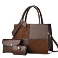 Retro 3-piece brown tote bag set with color block stitching and gold hardware detail - Three-Piece Set / Coffee