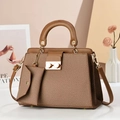 Elegant brown woven leather handbag with gold metal hardware and matching small pouch - Khaki