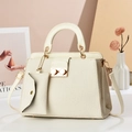 Elegant cream woven handbag with gold lock and matching mini pouch for women - Off-white