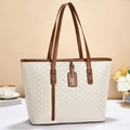 Classic large capacity tote bag with geometric pattern and brown leather straps - 32x13x27cm / Off-white