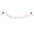 Striscione scintillante Happy Valentines Day con calici per decorazione romantica - Argento Con Calice da Vino
