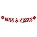 Close-up of red glitter Hugs & Kisses banner with lip shapes for Valentine decor - Hugs Kisses / Red