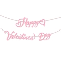 Close-up of pink glittery Happy Valentine's Day banner with heart patterns and brown string - Banner / Pink