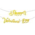 Detail of glittery gold Happy Valentine's Day banner with heart accents and red string - Banner / Gold