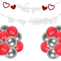 Pancarta plateada brillante y globos rojos para decoración de San Valentín romántica - Pancarta Y Globo Plateado (LQA-104)