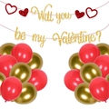 Kit de banner de San Valentín con letras doradas brillantes y globos rojo y oro - Pancarta Y Globo Dorado (LQA-104)