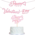 Close-up of pink glittery Happy Valentine's Day banner and cake topper party decorations - Banner and Topper / Pink