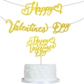 Close-up of golden glitter Happy Valentines Day banner and matching cake topper set - Topper And Banner / Gold