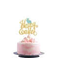Golden glitter Happy Easter cake topper with a blue bunny on a decorative cake - Style 3 (Light Blue Rabbit)