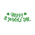 Green glitter Happy St. Patrick's Day banner with shamrock accents on white background - Banner