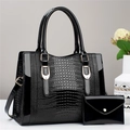 Glossy black patent leather tote bag with crocodile texture and matching clutch set - 31x13x24cm / Black